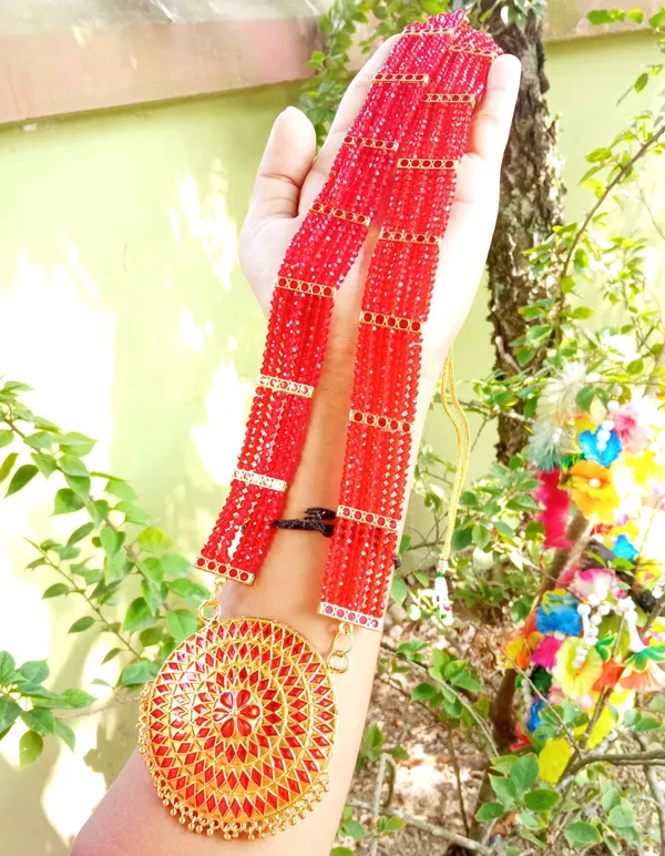 Assamese_Traditional_Gold_Plated_Red_Colour_Japi_Tassel_Jewellery_Set_For_Women